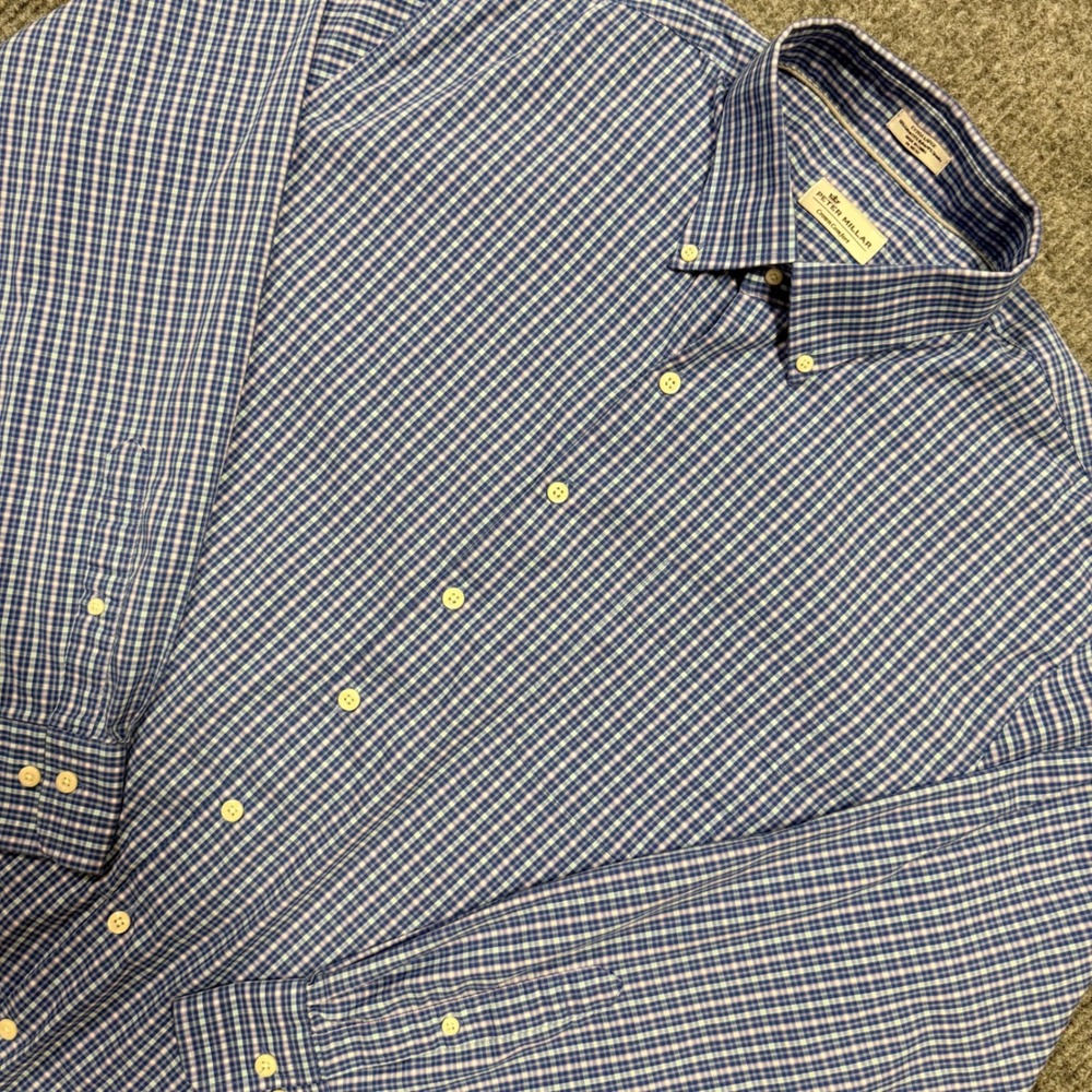 Peter Millar Crown Comfort Gingham Shirt Mens XL Blue White Long Sleeve Stretch